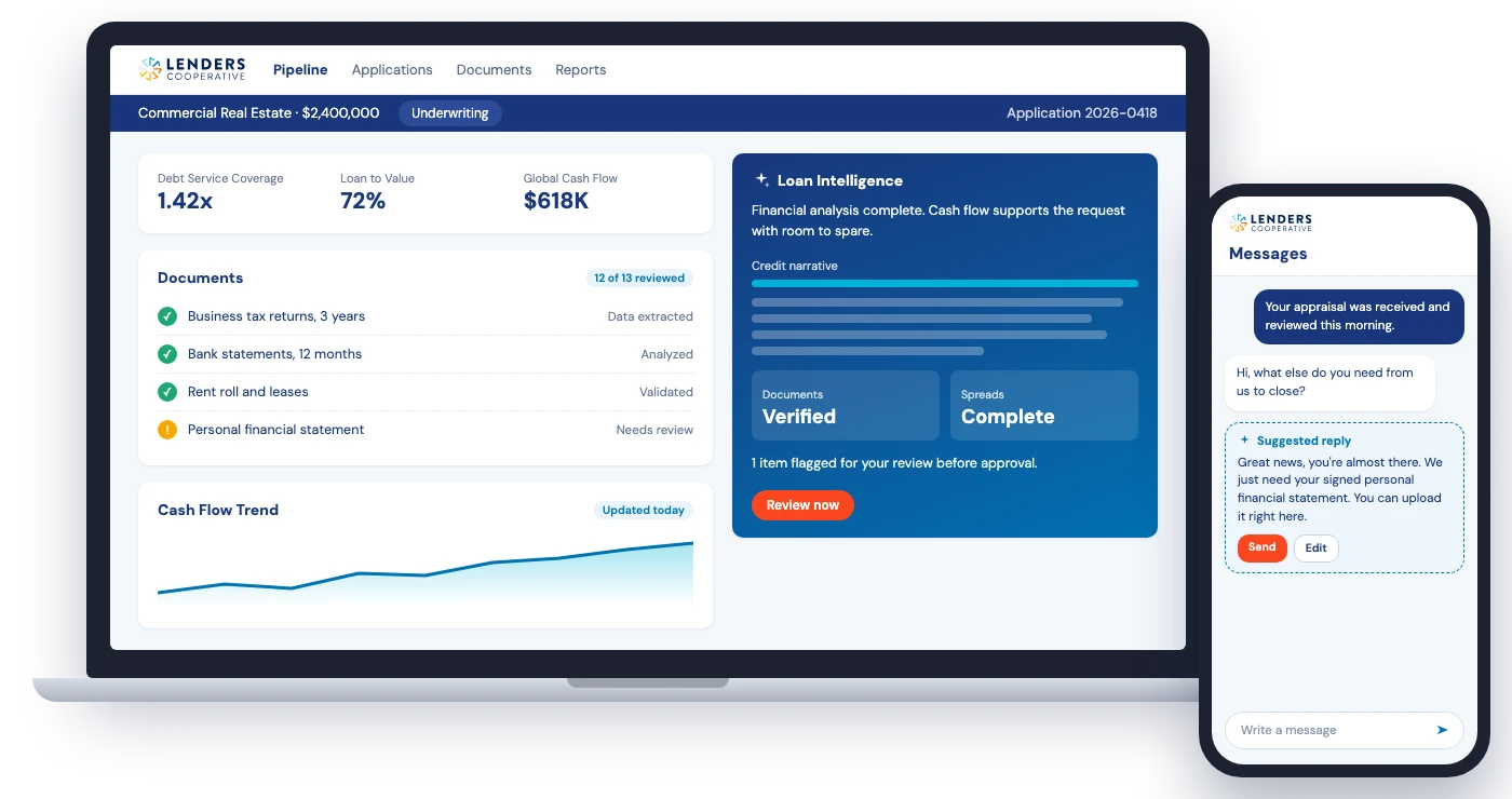 Lenders Cooperative platform showing loan intelligence, verified documents, and a suggested borrower reply