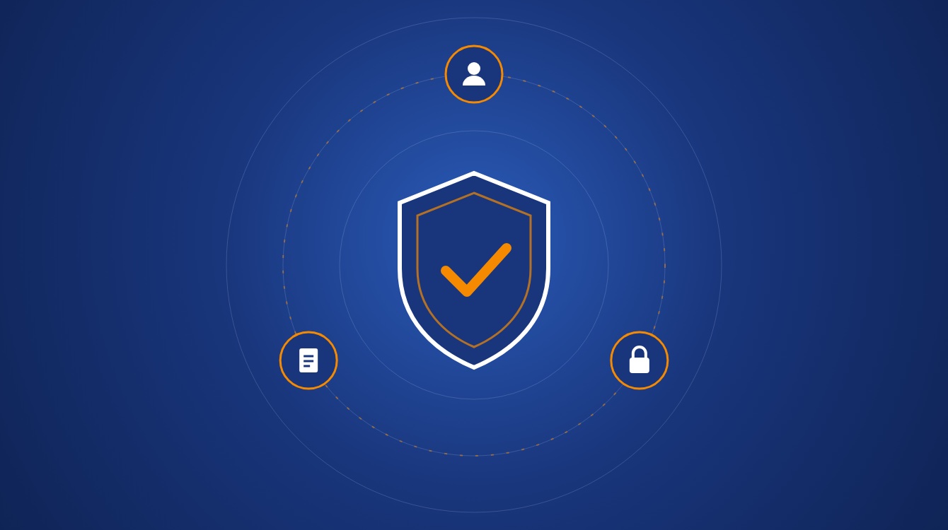 Shield with a check mark surrounded by icons for people, documents, and security
