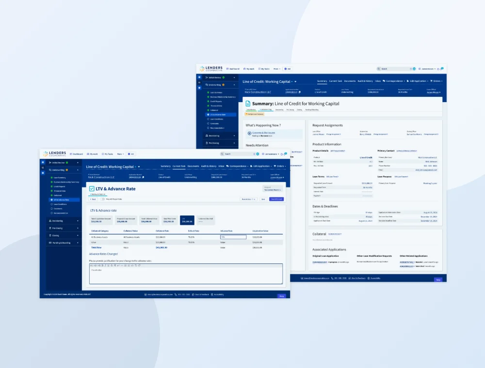 Lenders Cooperative platform screens showing a line of credit summary and LTV and advance rates