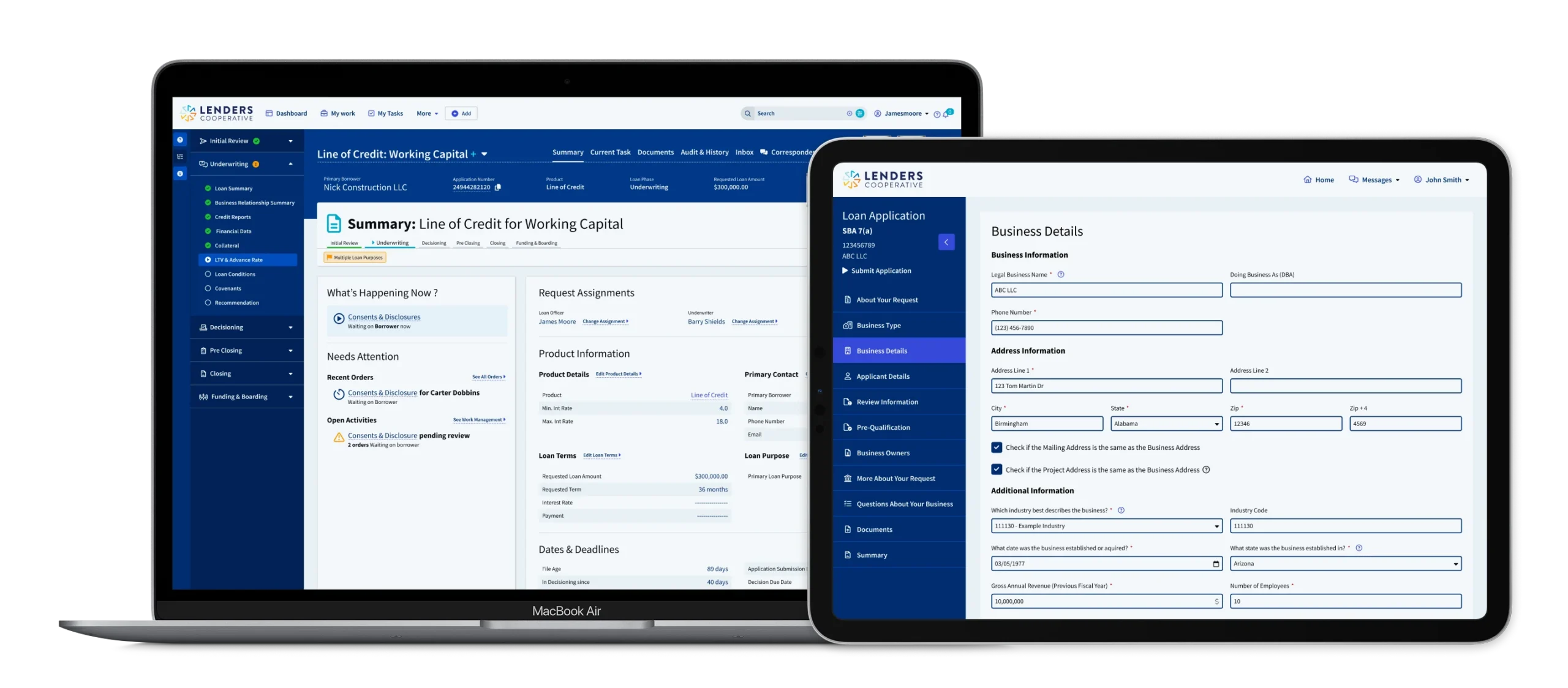 Lenders Cooperative lending platform on a laptop and tablet, showing the loan summary and business application screens
