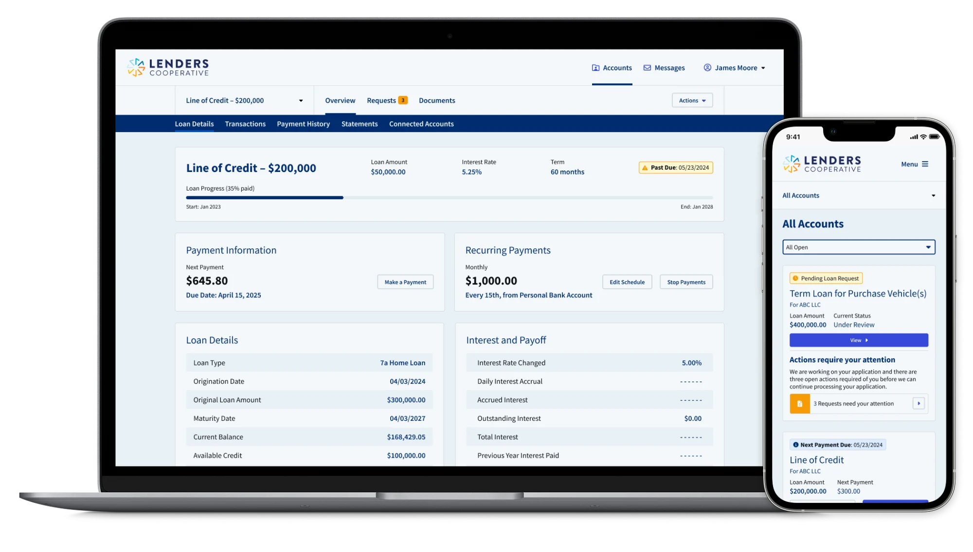 Lenders Cooperative loan servicing screens on a laptop and phone