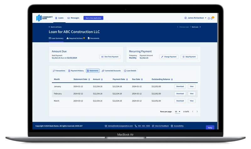 Lenders Cooperative borrower servicing portal on a laptop, showing amount due, a recurring payment and payment history